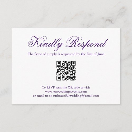Elegant Formal QR Code Royal Purple Wedding RSVP Card