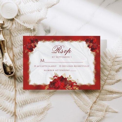 Elegant Formal Red Gold Floral Wedding RSVP Card