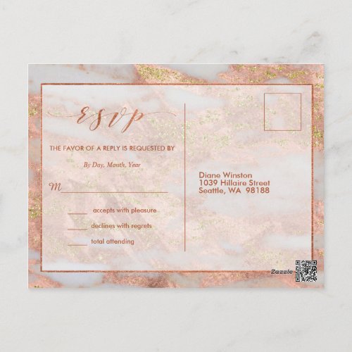 Elegant Formal Rose Gold Marble RSVP Enclosure Postcard