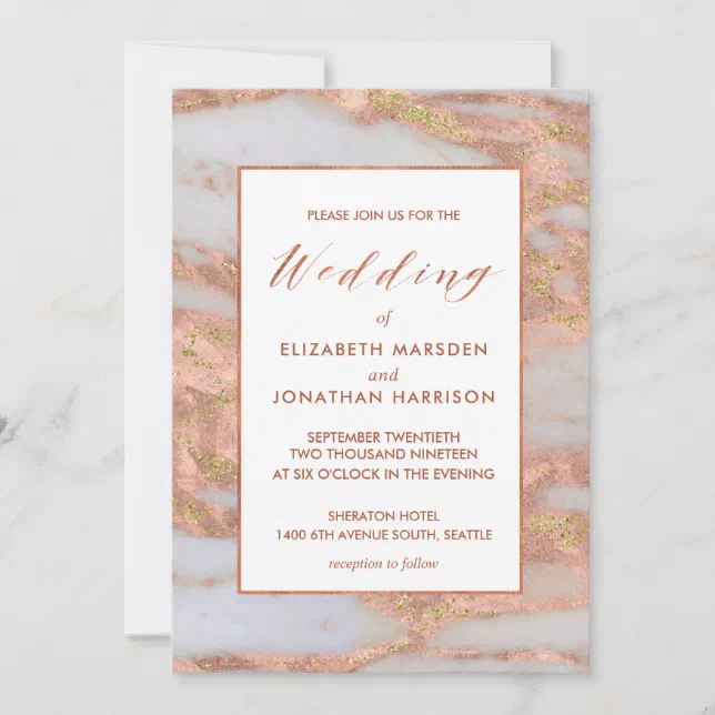 Elegant Formal Rose Gold Marble Script Wedding Invitation | Zazzle