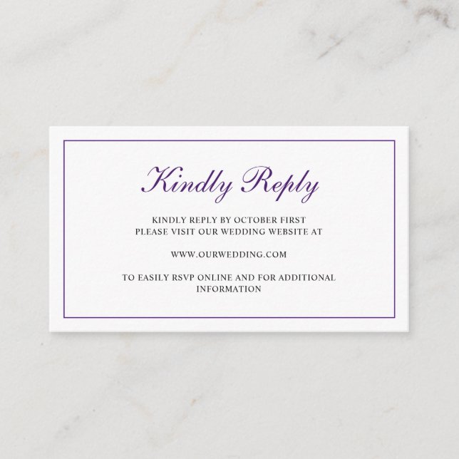 Elegant Formal RSVP Online Purple Wedding Enclosure Card (Front)