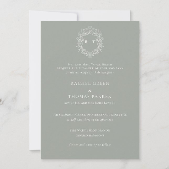 Elegant Formal Sage Crest Monogram Wedding  Invitation (Front)