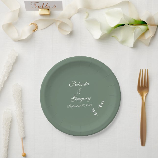 Elegant Formal Sage Olive Green Script Wedding Paper Plates (Wedding)