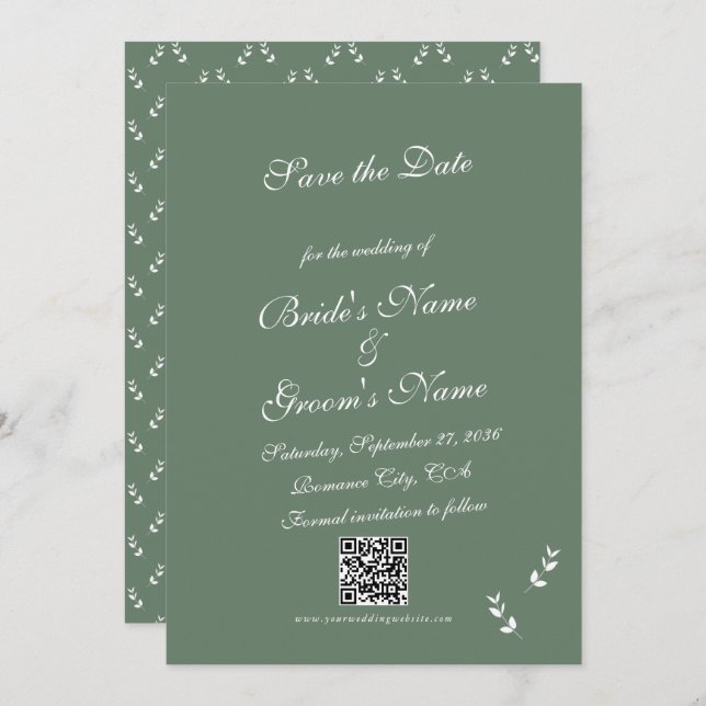 Elegant Formal Sage Olive Green Script Wedding Save The Date (Front/Back)