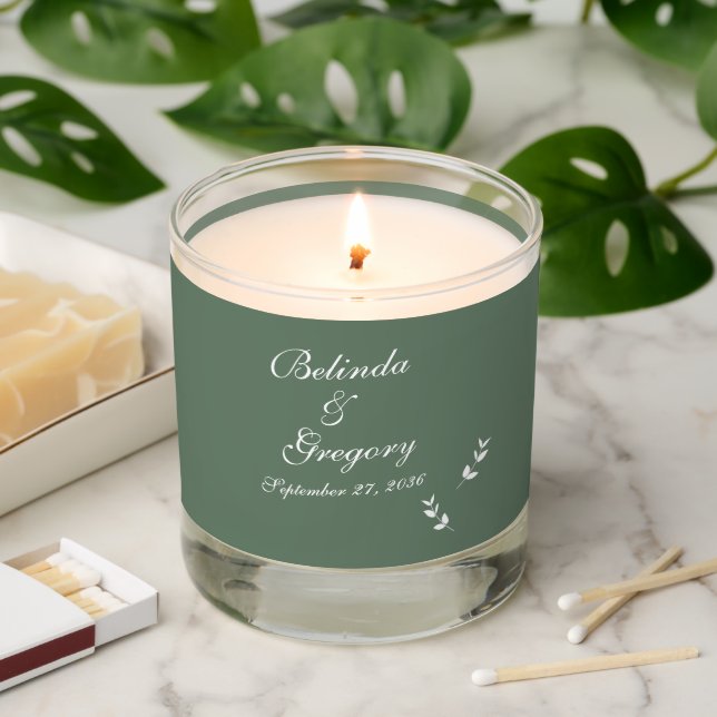 Elegant Formal Sage Olive Green Script Wedding Scented Candle (Lit)