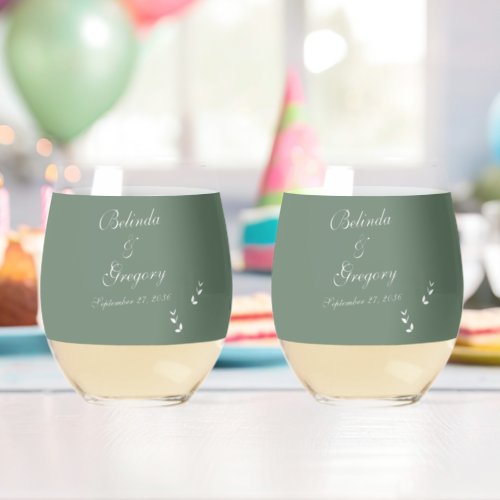 Elegant Formal Sage Olive Green Script Wedding Stemless Wine Glass