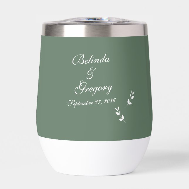 Elegant Formal Sage Olive Green Script Wedding Thermal Wine Tumbler (Front)