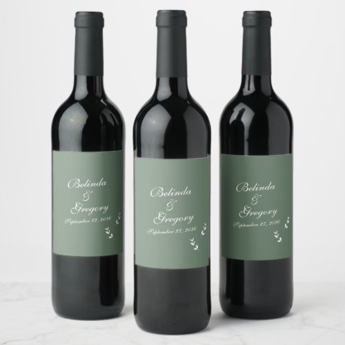 Elegant Formal Sage Olive Green Script Wedding Wine Label