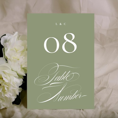 Elegant Formal Sage on White Calligraphy Wedding Table Number