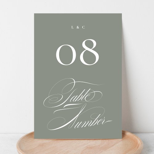 Elegant Formal Sage on White Calligraphy Wedding Table Number