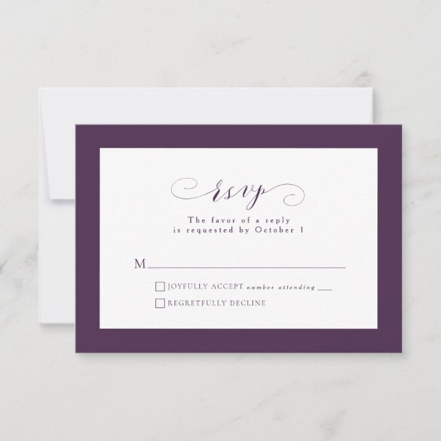 Elegant formal script plum purple fall wedding RSVP card (Front)