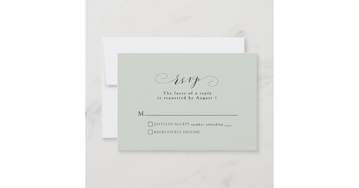 Elegant formal script sage green RSVP card Zazzle