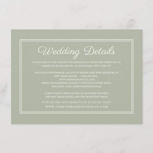 Elegant Formal Script Sage Green Wedding Details Enclosure Card