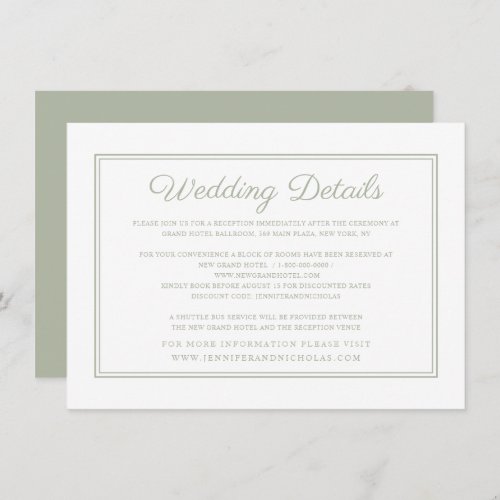 Elegant Formal Script Sage Green Wedding Details Enclosure Card