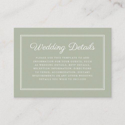 Elegant Formal Script Sage Green Wedding Details Enclosure Card