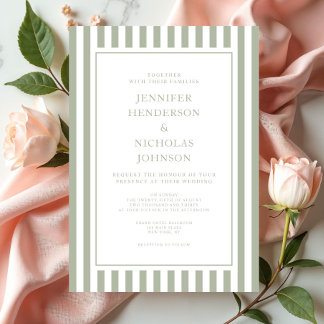 Elegant Formal Stripes Sage Green Wedding Invitation