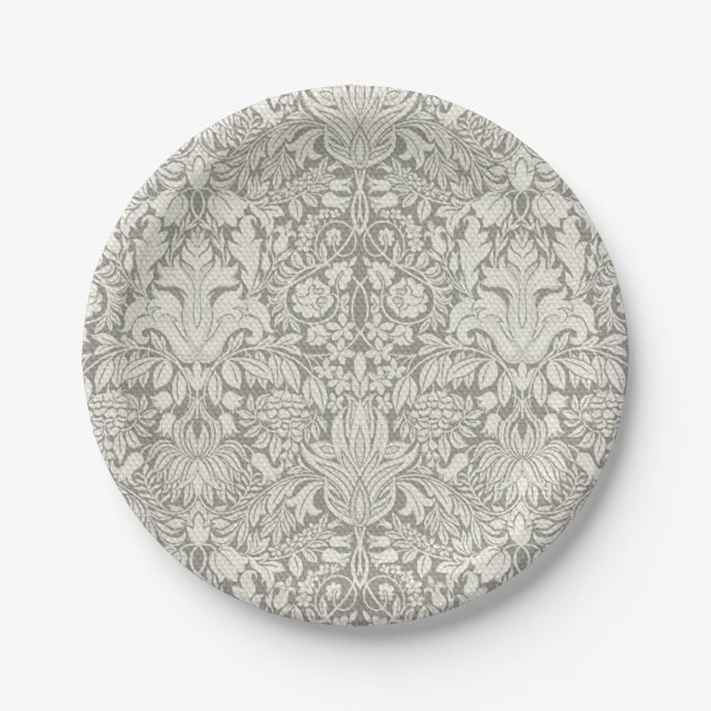 elegant formal white damask lace brocade paper plates (Front)