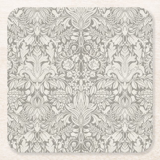 elegant formal white damask lace brocade square paper coaster (Front)