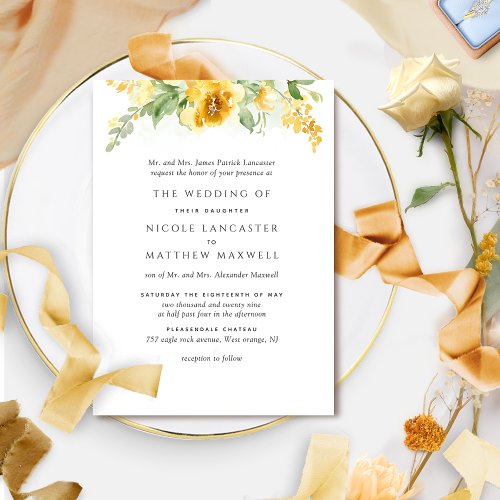 Elegant Formal Yellow and Ochre Floral Wedding Invitation