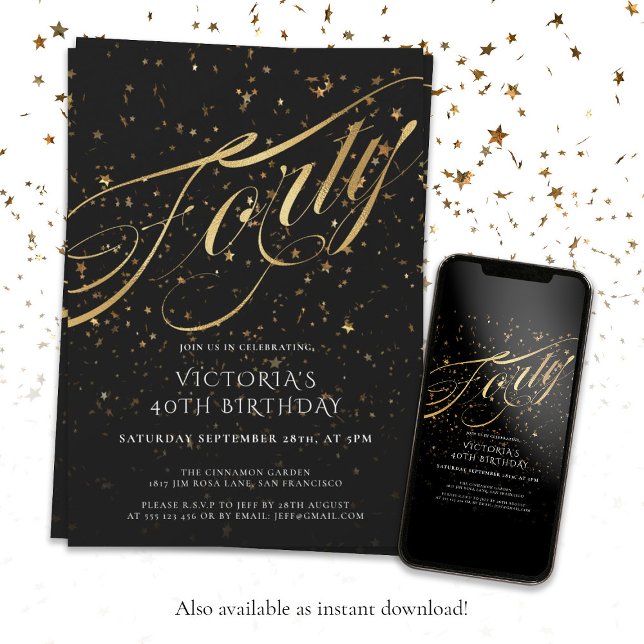 Elegant Forty Black Gold 40th Birthday Invitation (Gold Black Forty 40th Birthday Faux Foil Confetti Invitation)