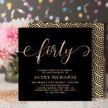 Elegant Forty Gold Script Black 40th Birthday Invitation<br><div class="desc">Elegant Chic Black and Gold Forty Script 40th Birthday Invitation. This modern birthday party invitation template features stylish „forty” text in huge faux gold foil swirly handwritten calligraphy (or typography) script with swash tails, party details in gold color on black background. At the reverse side faux gold foil swirling wave...</div>