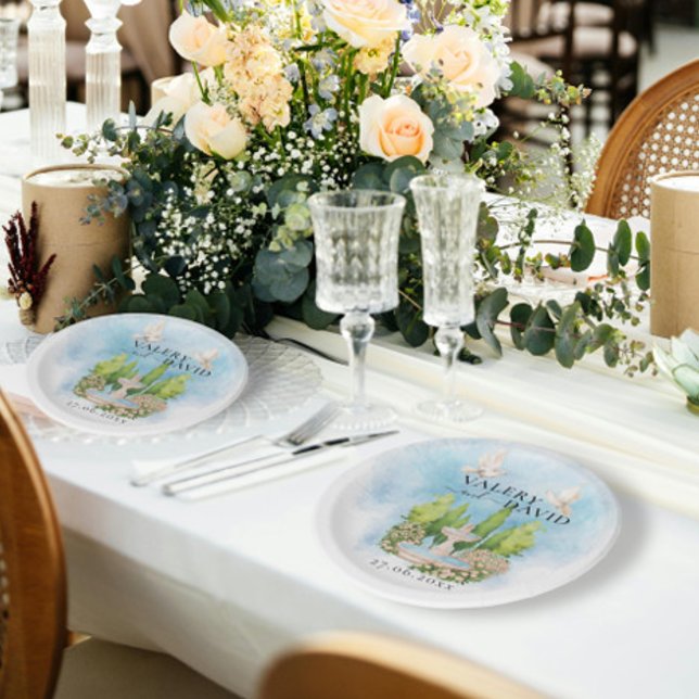 Elegant Fountain | flowers doves Wedding Luxury Paper Plates (Creator Uploaded)