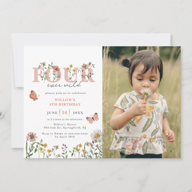 Elegant Four Ever Wild Wildflower 4th Birthday  Invitation (Front)