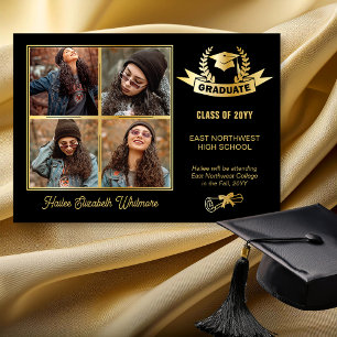 Elegant Four Photo Black Gold Graduation Announcement