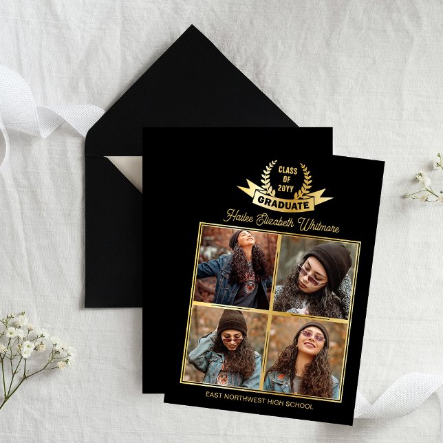 Elegant Four Photo Black | Gold Graduation Announcement (Elegant 4 Photo Collage "Graduate" Laurels High School Graduation Announcement - Black | Gold Tone)