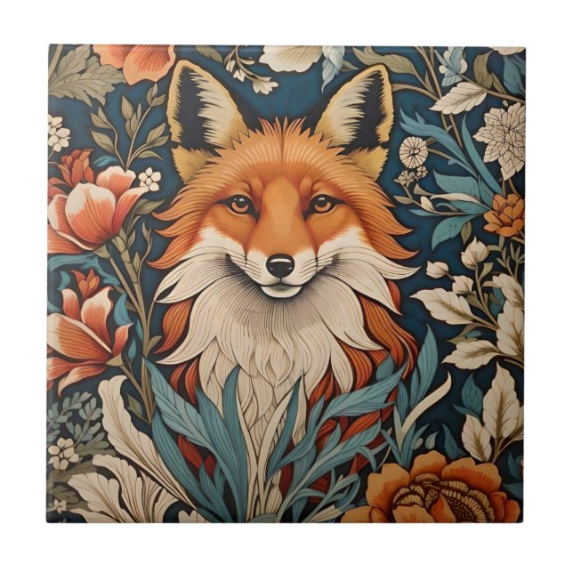 Elegant Fox William Morris Inspired Floral Ceramic Tile (Front)