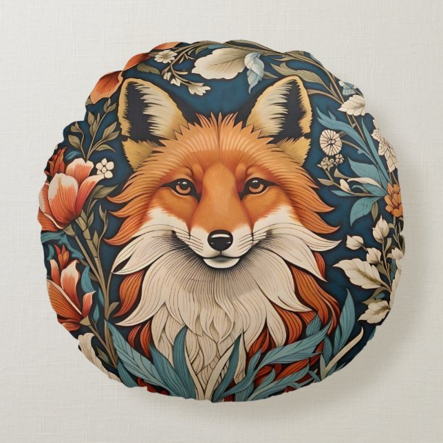 Elegant Fox William Morris Inspired Floral Round Pillow (Front)