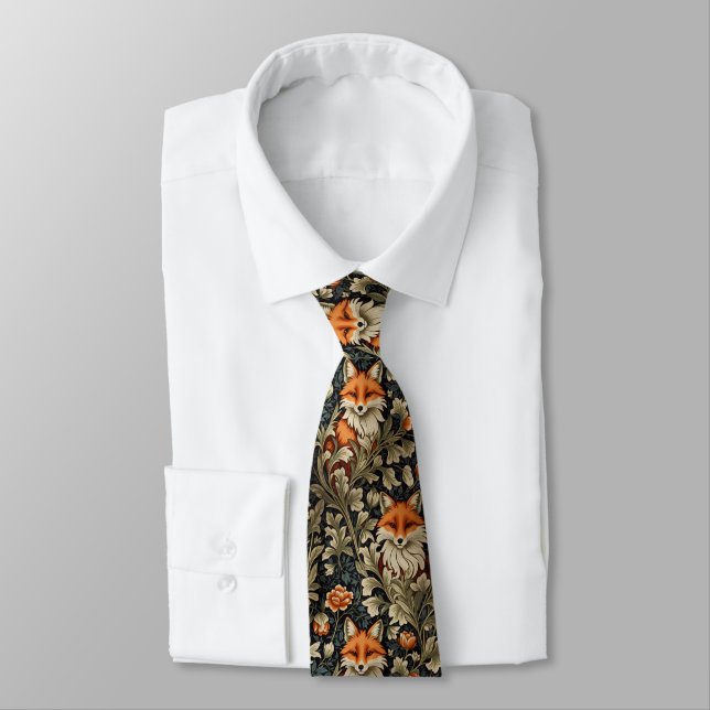 Elegant Foxes William Morris Inspired Pattern Neck Tie (Tied)