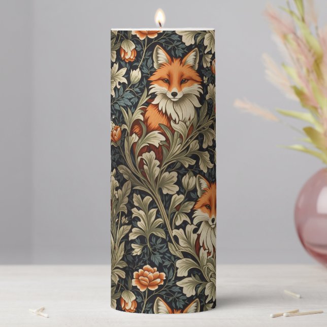 Elegant Foxes William Morris Inspired Pattern Pillar Candle (In Situ)