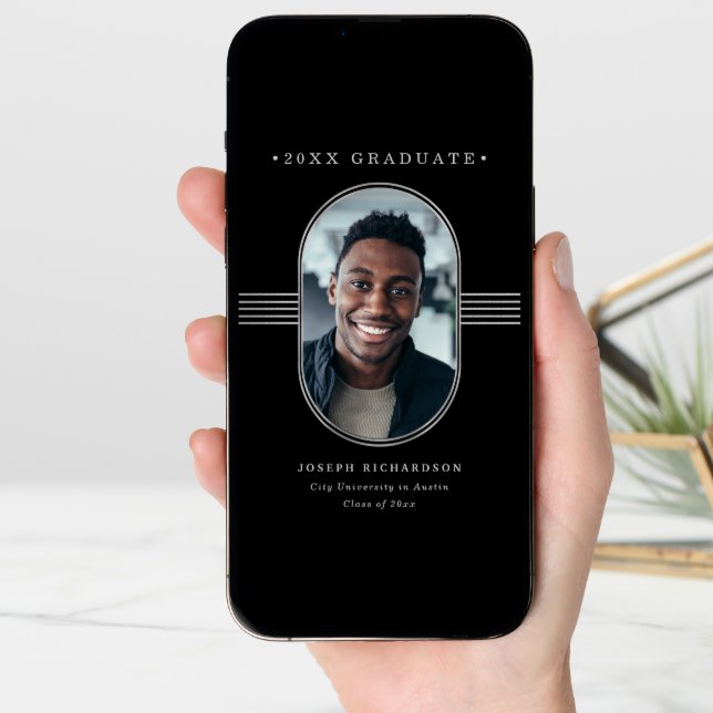Elegant Frame | Black and Silver Photo Graduation Announcement (Front Digital)