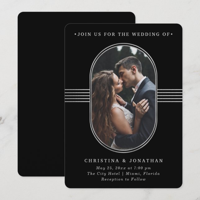 Elegant Frame | Black and Silver Photo Wedding Invitation (Front/Back)