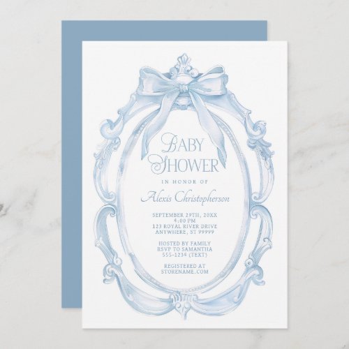 Elegant Frame  Blue Bow Baby Shower Invitation