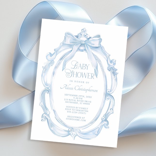 Elegant Frame + Blue Bow Baby Shower Invitation (Shown on a 5" x 7" card)