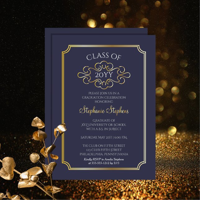 Elegant Frame Blue College Graduation Party  Foil  Invitation (Elegant Frame Blue College Graduation Party Gold Foil Announcement and Party Invitation)