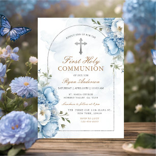 Elegant Frame Blue Floral First Holy Communion Invitation