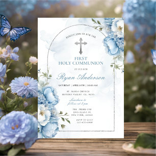 Elegant Frame Blue Floral First Holy Communion Invitation