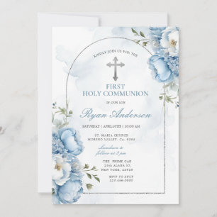 Elegant Frame Blue Floral First Holy Communion  Invitation