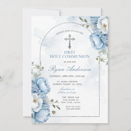 Elegant Frame Blue Floral First Holy Communion 