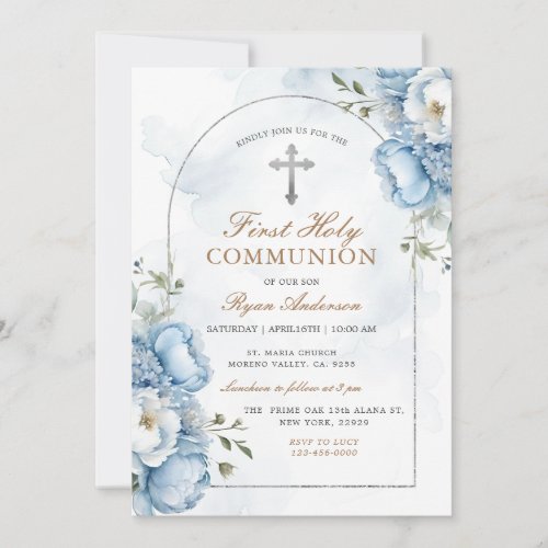Elegant Frame Blue Floral First Holy Communion 