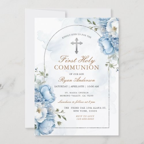 Elegant Frame Blue Floral First Holy Communion  Invitation