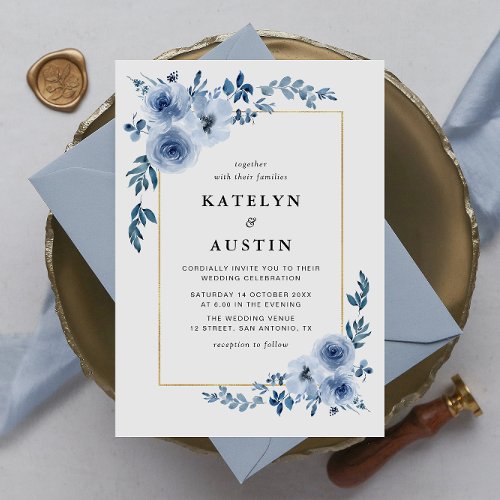 elegant frame blue floral wedding invitation