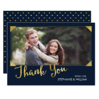 Elegant Frame Blue Gold Photo Wedding Thank You Card