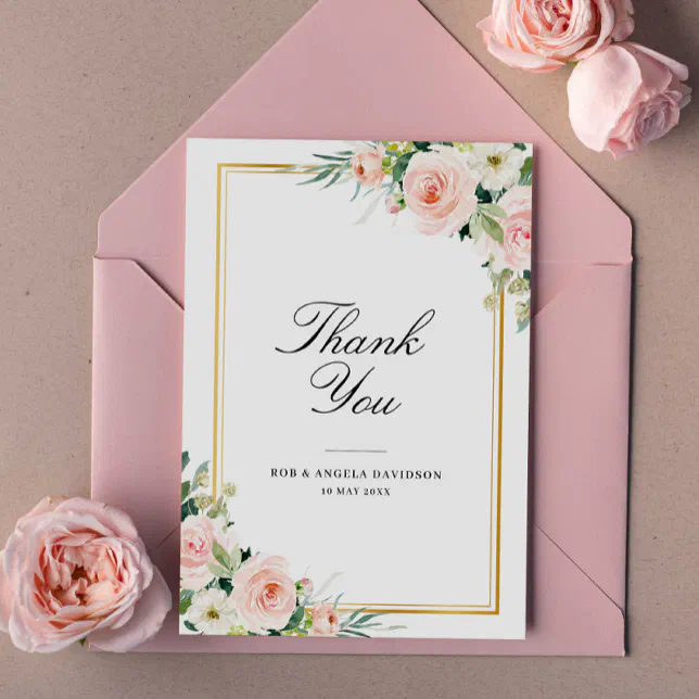 elegant frame blush floral wedding thank you card | Zazzle