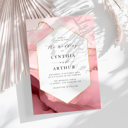 elegant frame blush pink and gold agate wedding invitation