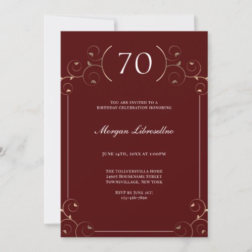 Elegant Frame Burgundy Gold 70th Birthday Invitation