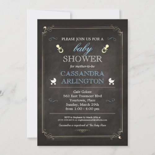 Elegant Frame Chalkboard Blue Baby Shower Custom Invitation